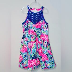 Lilly Pulitzer Girls Blue Pink Flamingo Print Lace Inset Dress